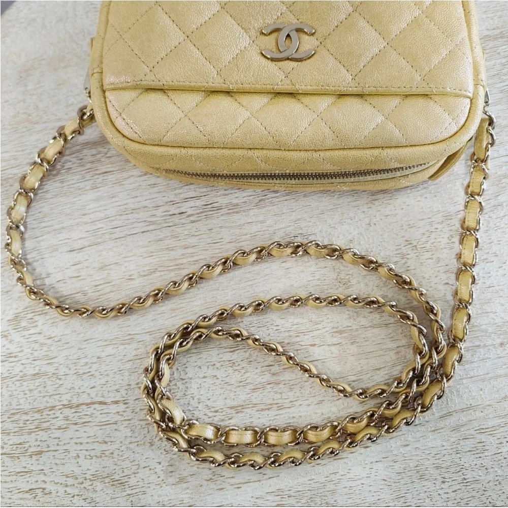 Rare 2019 Chanel Caviar Iridescent Yellow Camera Bag with Gold Hardware